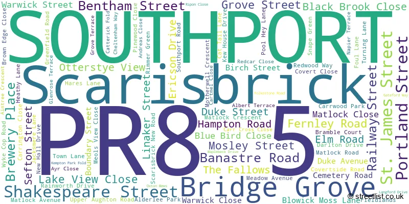 A word cloud for the PR8 5 postcode